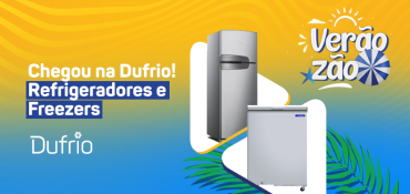 banner com layout da campanha de verão com a mensagem: Chegou na Dufrio: Refrigeradores e Freezers e o logo da Dufrio.