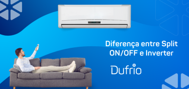 fundo azul, homem apontando para o ar condicionado e o titulo: Diferença entre Split ON OFF e Inverter e logo da Dufrio