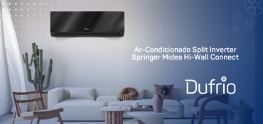 imagem de sala de estar com o novo Ar-Condicionado Split Inverter Hi Wall Midea Xtreme Save Connect Black Edition e logo da Dufrio