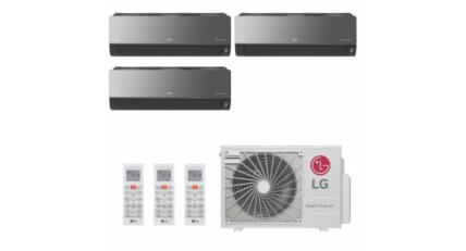 Ar-condicionado Multi Split Artcool de 30.000 BTUs da LG, com condensadora, três evaporadoras e três controles remotos.