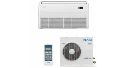 Ar-condicionado Split Piso Teto Inverter de 36.000 BTUs da Elgin, com condensadora, evaporadora e controle remoto.