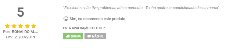 Avaliação cinco estrelas do Ar Condicionado Split Hi Wall Springer Midea no site da Dufrio.