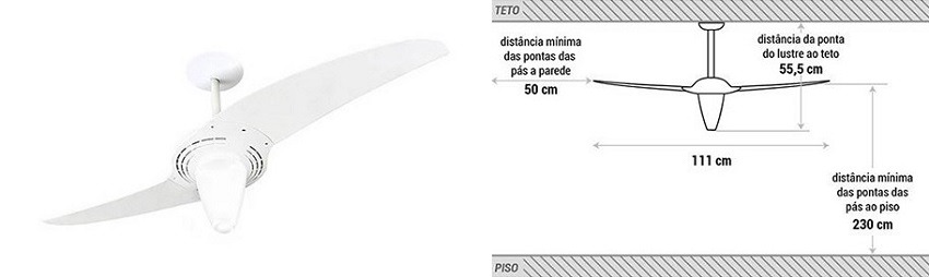 Modelo e dimensões do ventilador de teto Spirit 201 branco.
