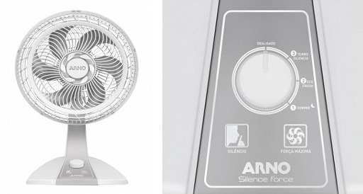 Modelo e funções do ventilador de mesa Arno Silence Force branco.