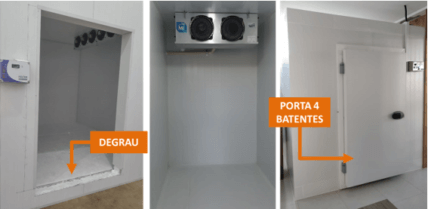 Exemplo de câmara fria com piso em painel, apresentando degrau de entrada e porta 4 batentes
