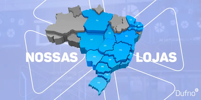 imagem de mapa do brasil com destaque em azul para os locais com lojas da dufrio
