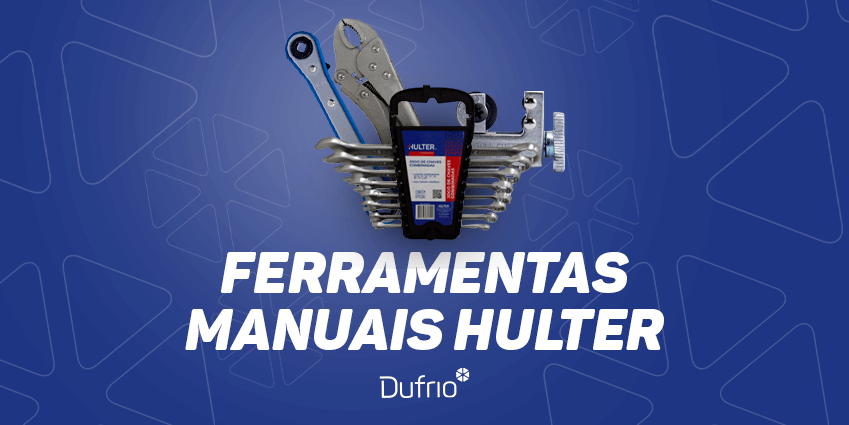 magem com fundo azul e texto central ferramentas manuais hulter com logo da dufrio abaixo