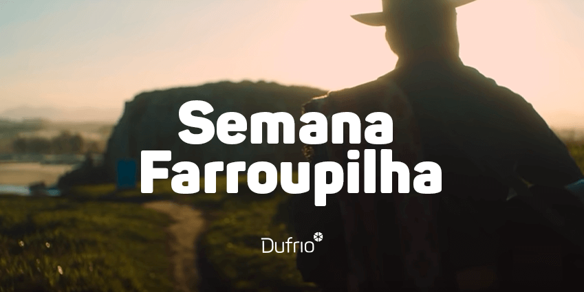 imagem de fundo com um homem gaucho em local rural e texto branco central semana farroupilha