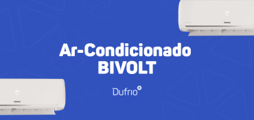imagem de fundo azul com texto em branco "Ar Condicionado BIVOLT" e logotipo da Dufrio
