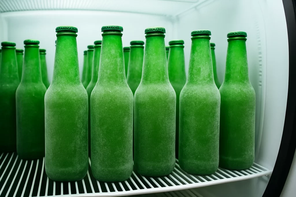 cervejas geladas dentro de uma cervejeira comercial