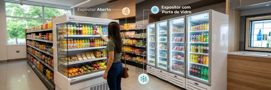 expositor refrigerado aberto e expositor refrigerado com porta de vidro