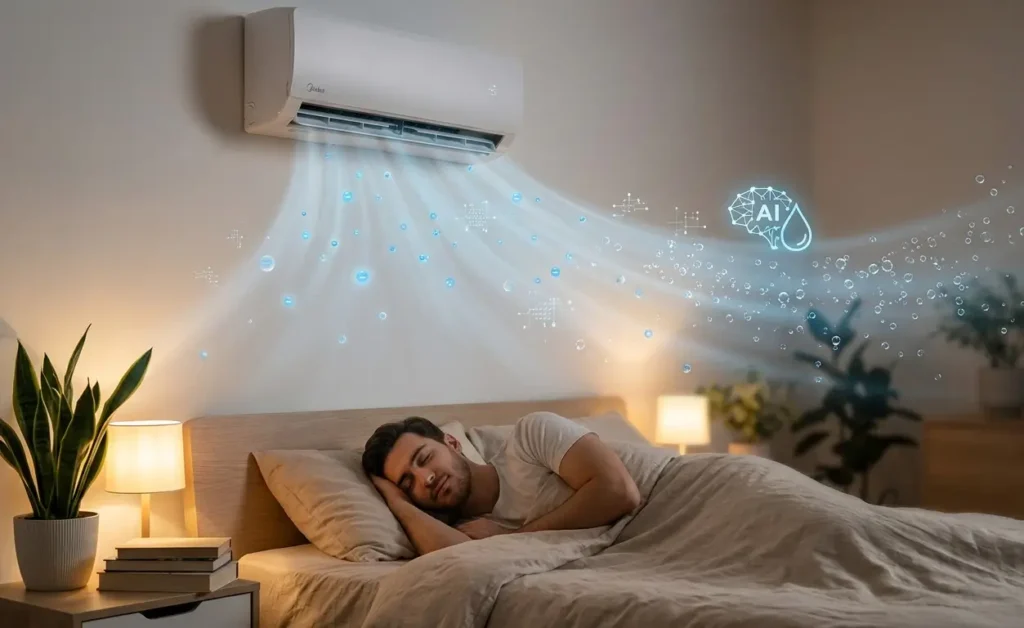 homem dormindo com ar-condicionado midea ai ecomaster ligado na função controle de umidade