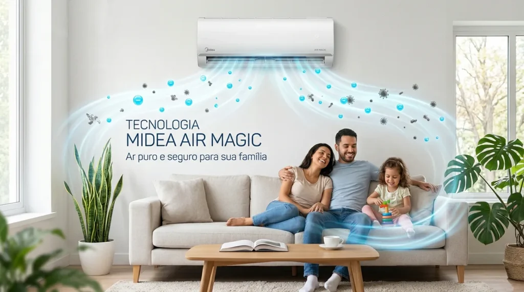 família confortável na sala de estar com ar-condicionado filtrando o ar